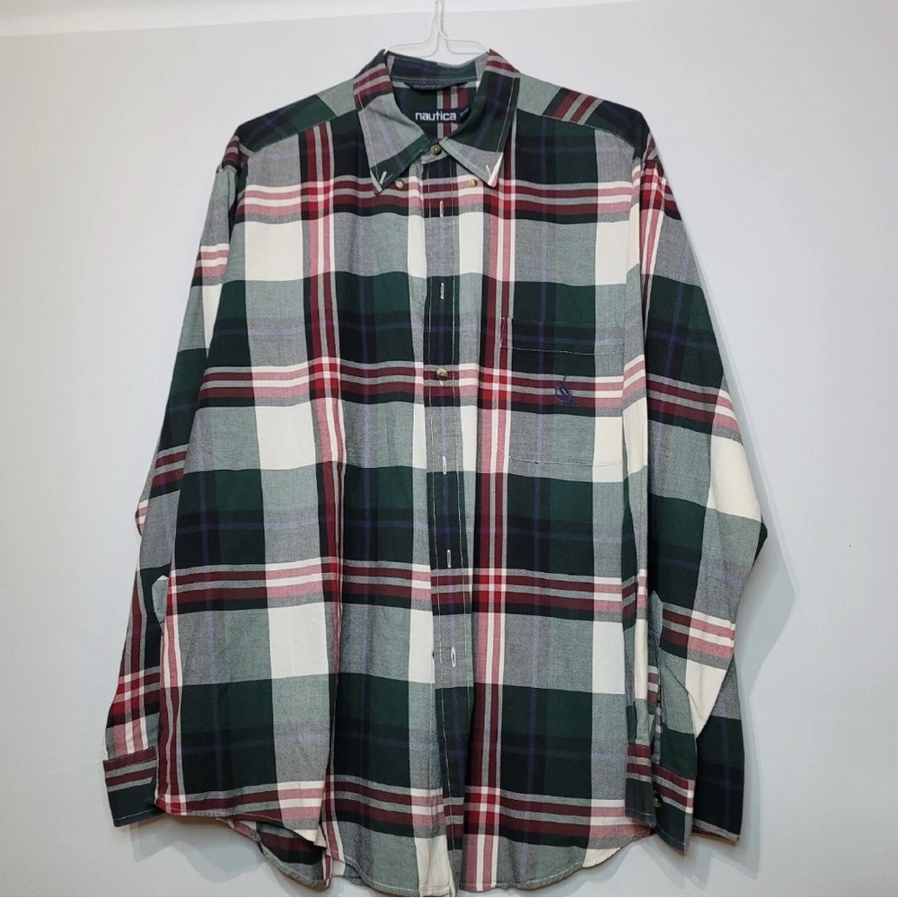 Nautica Men's Casual Plaid Shirt - Green, Red, and White